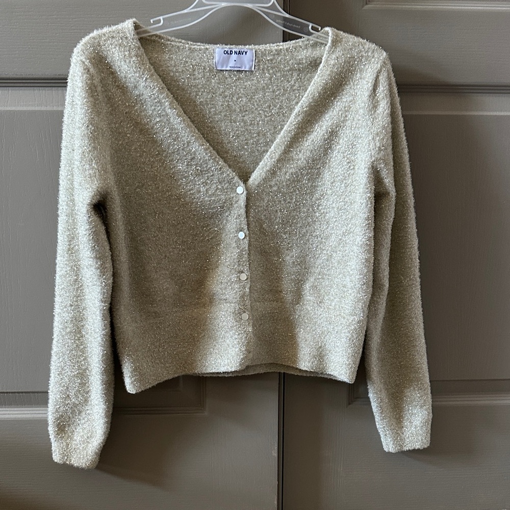 Old Navy Cream Sparkle V-Neck Button Cardigan